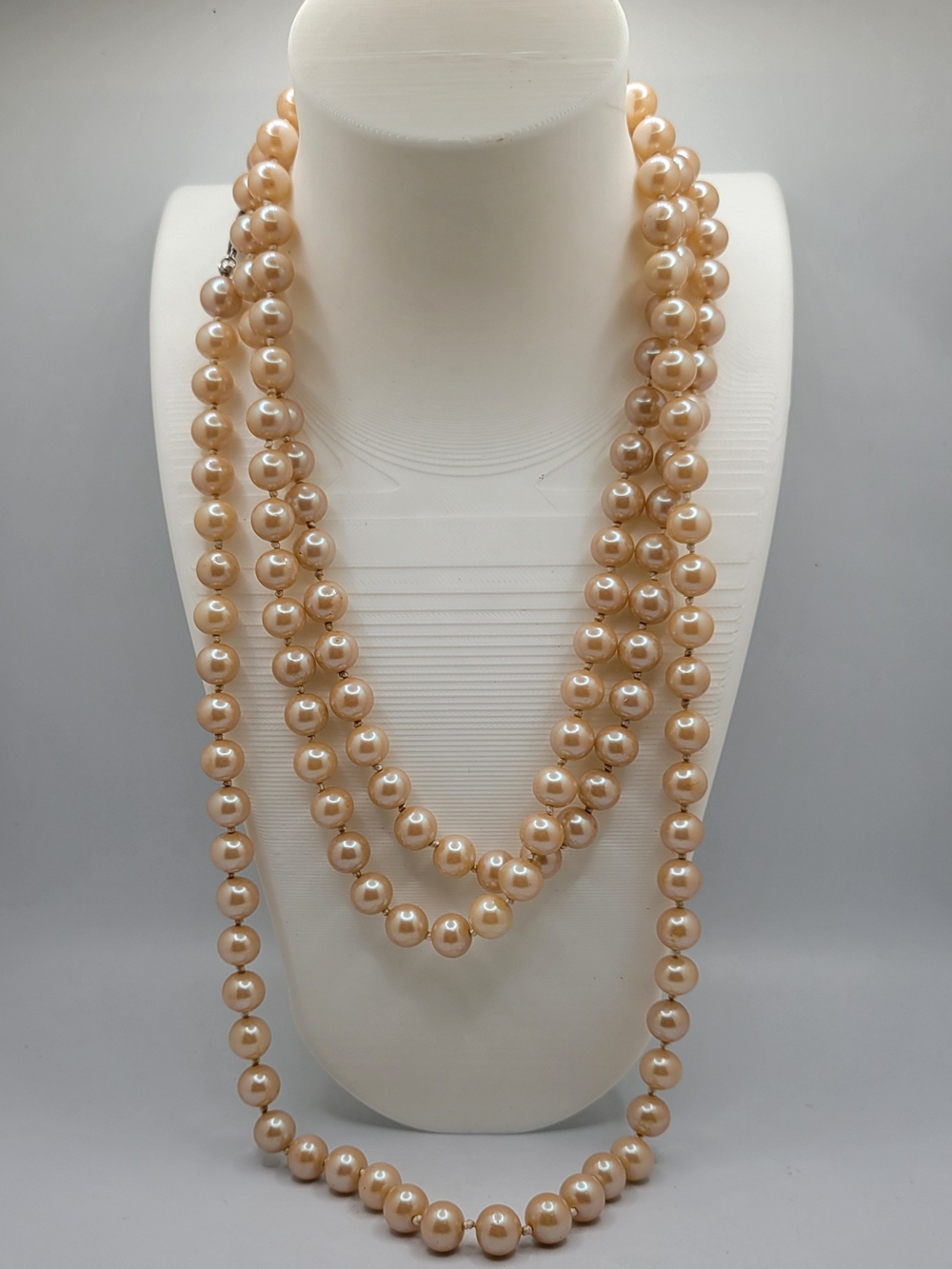 Vintage Hand-Knotted Cream Glass Pearl Necklace 56" Rope Length Sterling Clasp